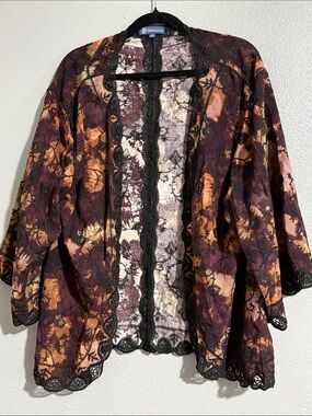 Democracy Maroon Multi Lace-Trim Kimono top